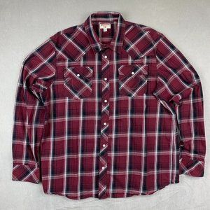 True Religion Men Shirt 2XL Red Plaid Western Snap Button Up Long Sleeve Pockets